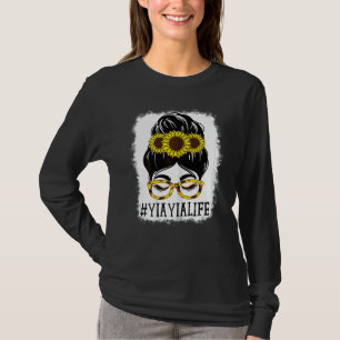 Womens Messy Bun Yia Yia Life Grandma Sunflowers C T-Shirt