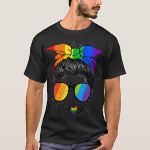 Womens Messy Hair Bun Free Mom LGBT Gay Pride T-Shirt