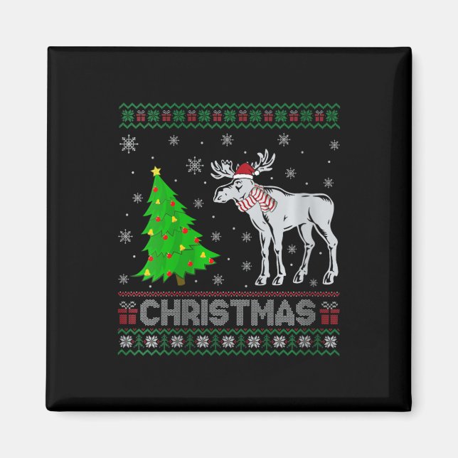Womens Moose Xmas Tree Lighting Ugly Christmas Swe Magnet (Front)