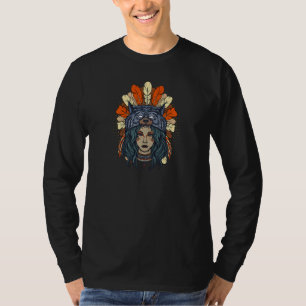 Womens native american women with feathers wolf ha T-Shirt