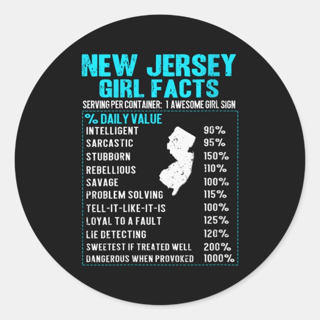 Womens New Jersey Girl Facts Funny Birthday Gift B Classic Round Sticker (Front)