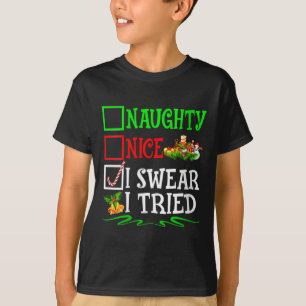 Womens Nice Naughty I Swear I Tried Santa Christma T-Shirt
