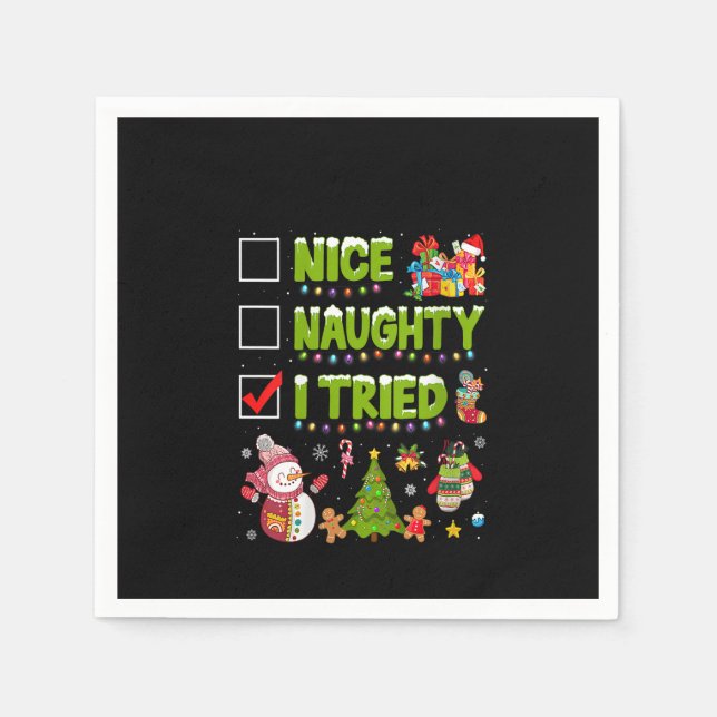 Womens Nice Naughty I Tried Funny Christmas Tree L Napkin (Front)