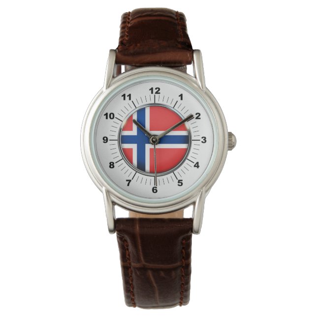 Women's Norway Flag Brown Leather Strap Watch (Front)