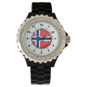 Women's Norway Flag Rhinestone Black Enamel Watch