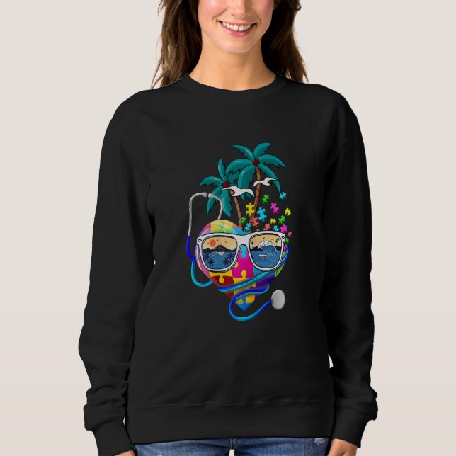 Womens Nurse Autism Puzzle Stethoscope Heart Vacat Sweatshirt (Front)