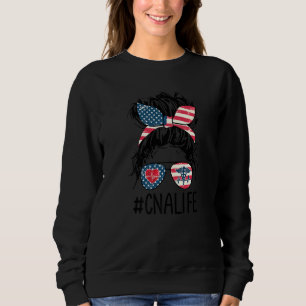 Womens Nurse Cna Life Messy Bun American Us Flag 4 Sweatshirt
