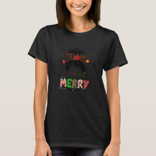 Womens One Merry Mummy Messy Bun  Matching Family  T-Shirt