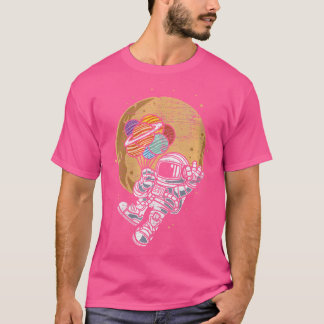Womens Outer Space Balloons Cartoon Astronaut Plan T-Shirt