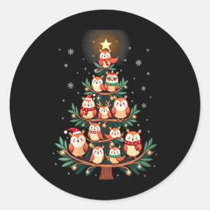 Womens Owl Christmas Tree Xmas Lights Xmas Owl Lov Classic Round Sticker