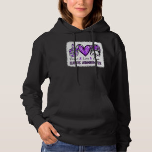 Womens Peace Love Cure Messy Bun Leopard Lupus Awa Hoodie