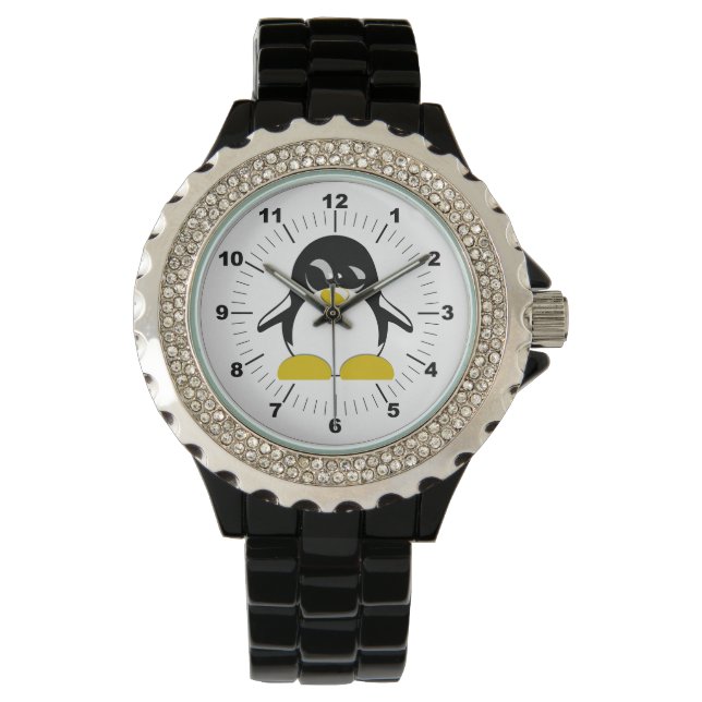 Women's Penguin Rhinestone Black Enamel Watch (Front)