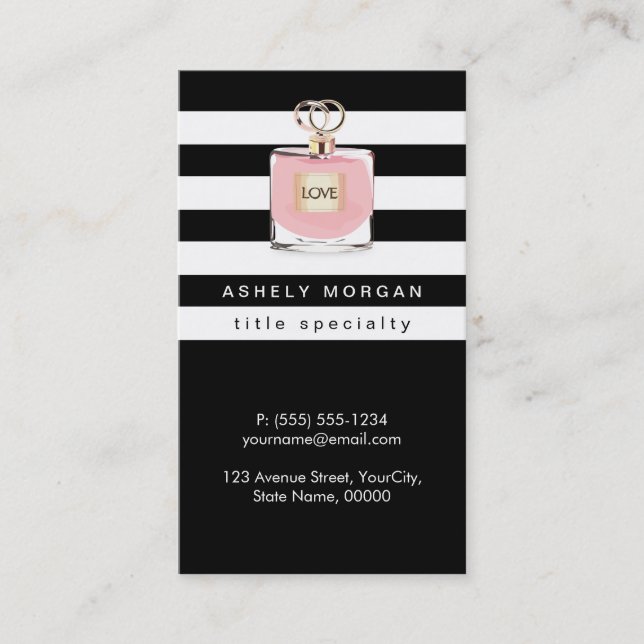 Womens Perfume Fragrances Shop Black White Stripes Business Card (Front)