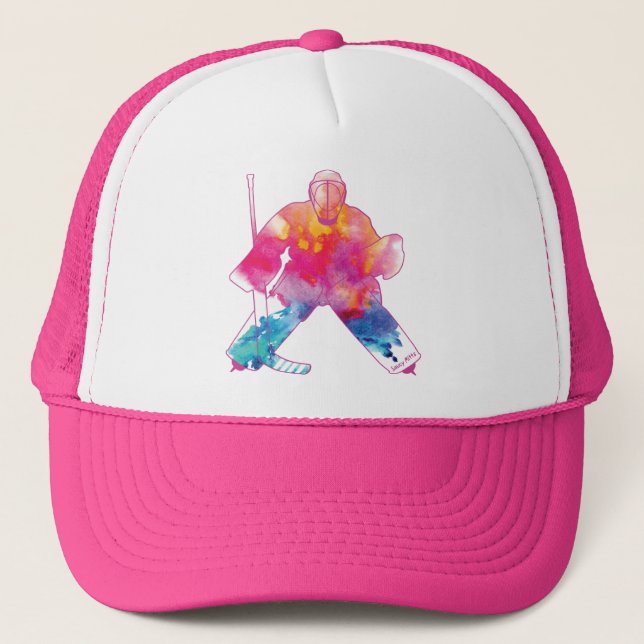 Women's Pink Bring It Hockey Goalie Watercolor Cap (Front)