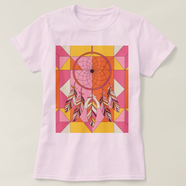Women's Pink Dreamcatcher Geometric Shapes T-Shirt (Design Front)