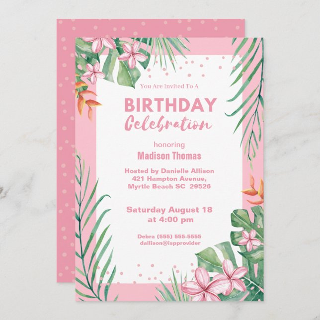 Women's Pink Floral Confetti Birthday Party Invitation (Front/Back)