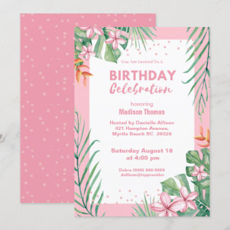 Women's Pink Floral Confetti Birthday Party Invitation