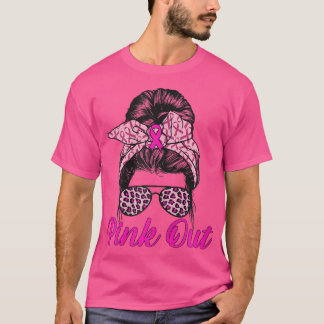 Womens Pink Out Messy Bun Breast Cancer Awareness  T-Shirt