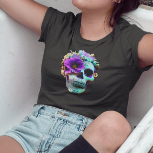 Womens Purple Flower Eye Socket Candy Skull  T-Shirt