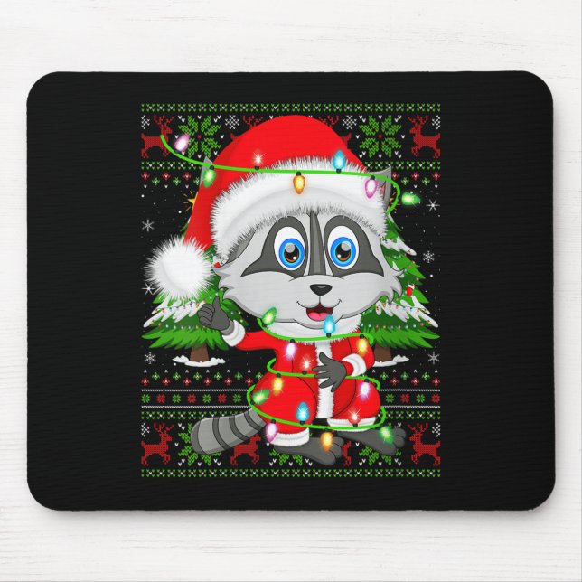 Womens Raccoon Christmas Lights Santa Costume Ugly Mouse Pad (Front)
