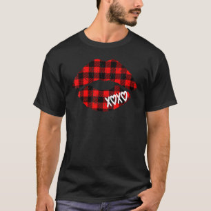 Womens Red Buffalo Plaid Lips  Valentine Day XOXO T-Shirt