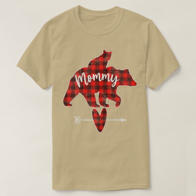 Womens Red Plaid Mummy Bear, Red Buffalo Plaid Mum T-Shirt (Design Front)