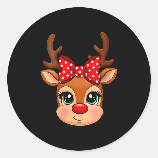 Womens Reindeer Merry Christmas Girl Boy Kids V-ne Classic Round Sticker (Front)