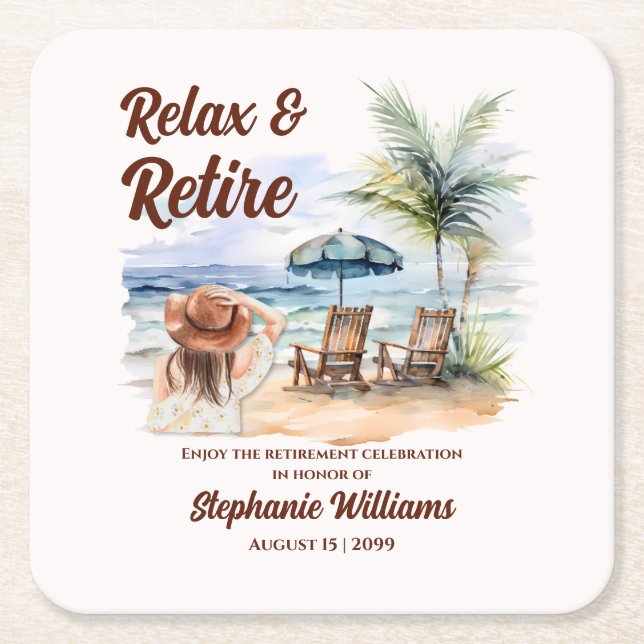 Women's Retirement Beach Chair Themed Party Square Paper Coaster (Front)