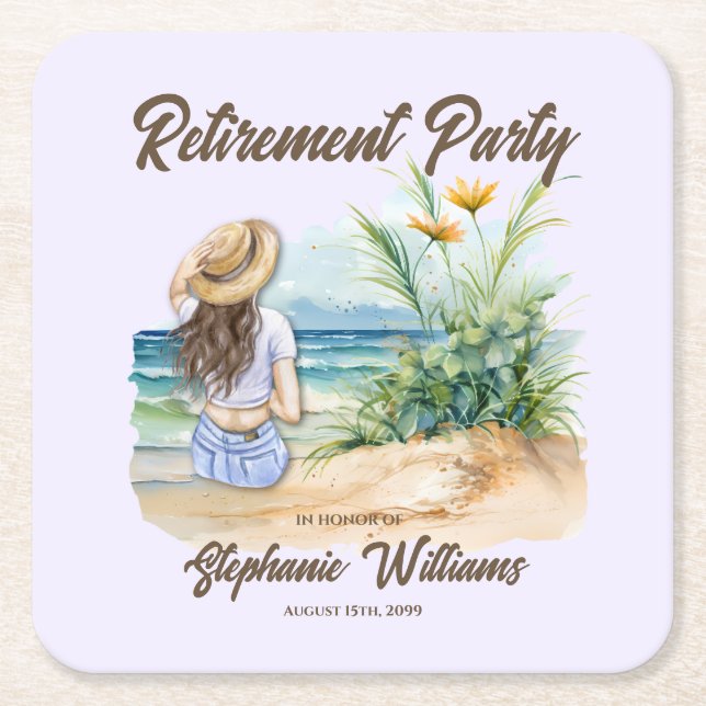 Women's Retirement Beach Theme Elegant Woman Square Paper Coaster (Front)