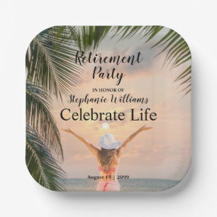 Women's Retirement Beach Themed Sunset Palm Tree   Paper Plate