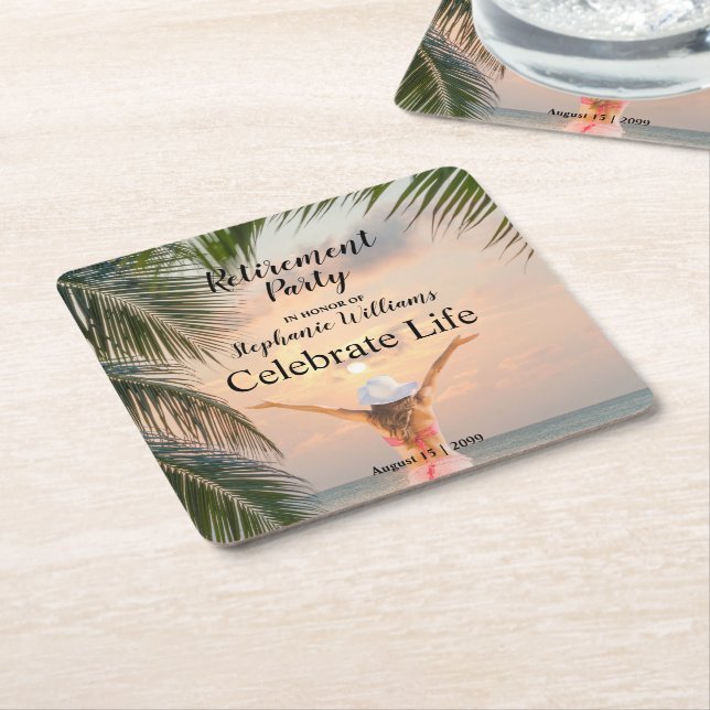 Women's Retirement Beach Themed Sunset Palm Tree   Square Paper Coaster (Angled)
