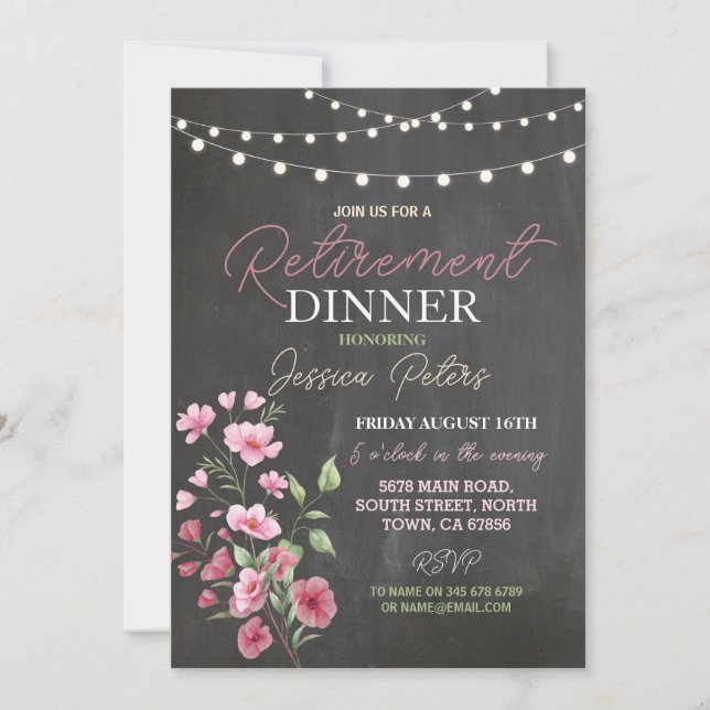 Women's Retirement Dinner Party Pink Floral Invitation (Front)