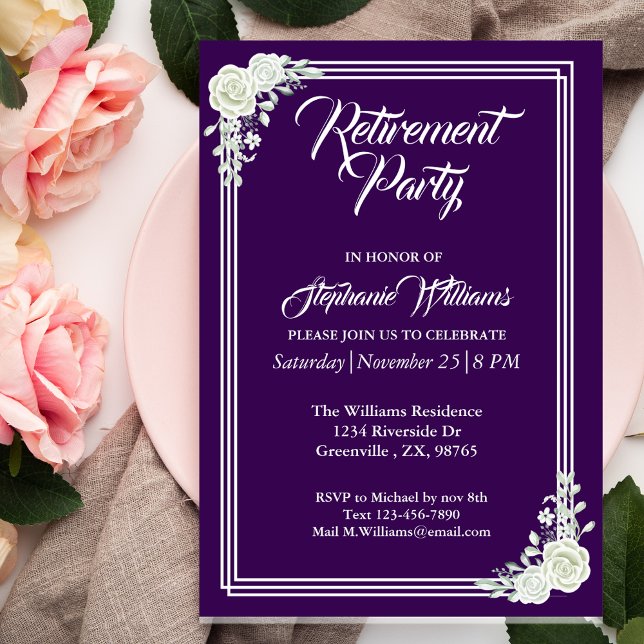 Women's Retirement Elegant Purple Floral Party  Invitation (Creator Uploaded)