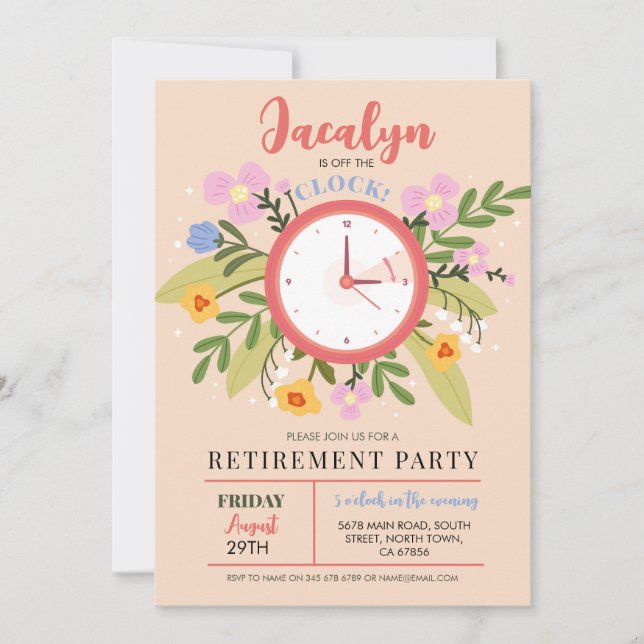 Women's Retirement Off The Clock Floral Fun Party  Invitation (Front)