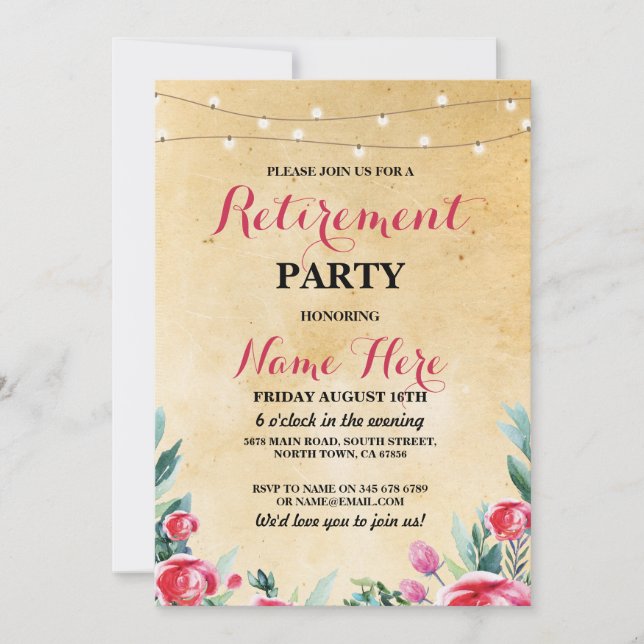 Women's Retirement Party Vintage Red Floral Invite (Front)