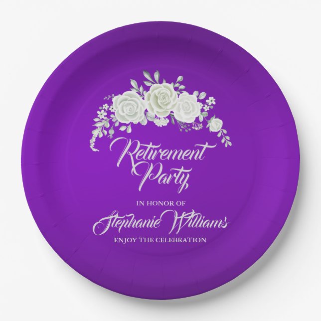 Women's Retirement Party Vintage White Rose  Paper Plate (Front)