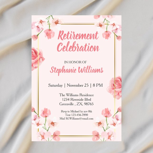 Women's Retirement Pink Floral Golden Border  Invitation (Creator Uploaded)