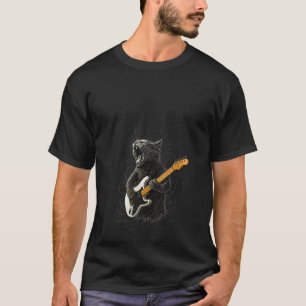 Womens Retro Artistic Funny Cat Playing Rock Music T-Shirt