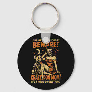 Womens Retro Funny Skeleton Beware Crazy Dog Mum Key Ring
