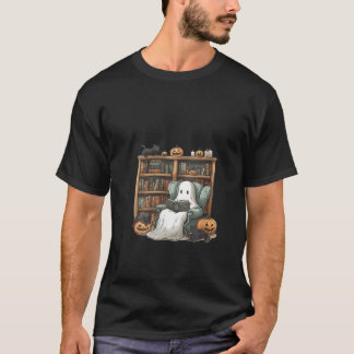Womens Retro Ghost Reading Books Librarian Hallowe T-Shirt