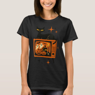 Womens Retro Halloween Black Cat Tv Ghost Pumpkin T-Shirt