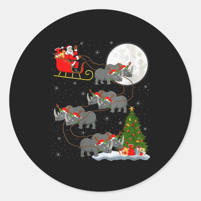 Womens Rhino Santa Sleigh Flying Funny Magical Chr Classic Round Sticker (Front)