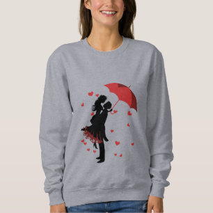 Women's Romantic Couple Red Umbrella Hearts Sweats Sweatshirt