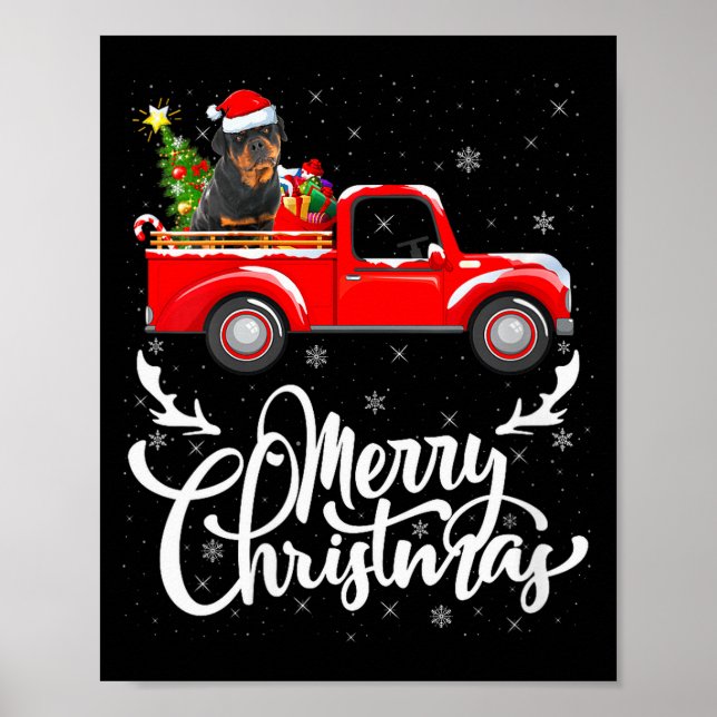 Womens Rottweiler Dog On Christmas Tree Red Truck  Poster (Front)