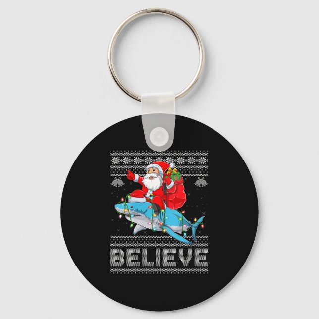 Womens Santa Riding Shark Ugly Christmas Sweater B Key Ring (Front)