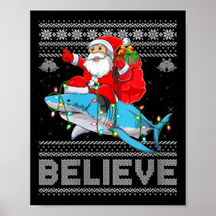Womens Santa Riding Shark Ugly Christmas Sweater B Poster