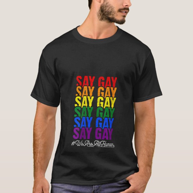Womens Say Gay LGBT We Are All Human LGBTQ Rainbow T-Shirt (Front)