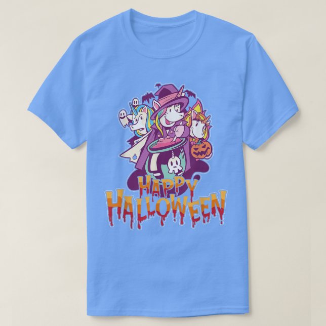 Womens Scary Halloween unicorns design broom T-Shi T-Shirt (Design Front)