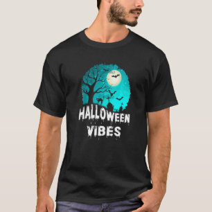 Womens Scary Halloween Vibes Broom Graveyard Cat B T-Shirt