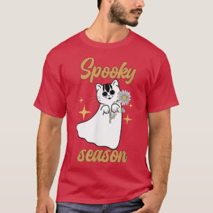 Womens Scary spooky Halloween flower cat design T-Shirt